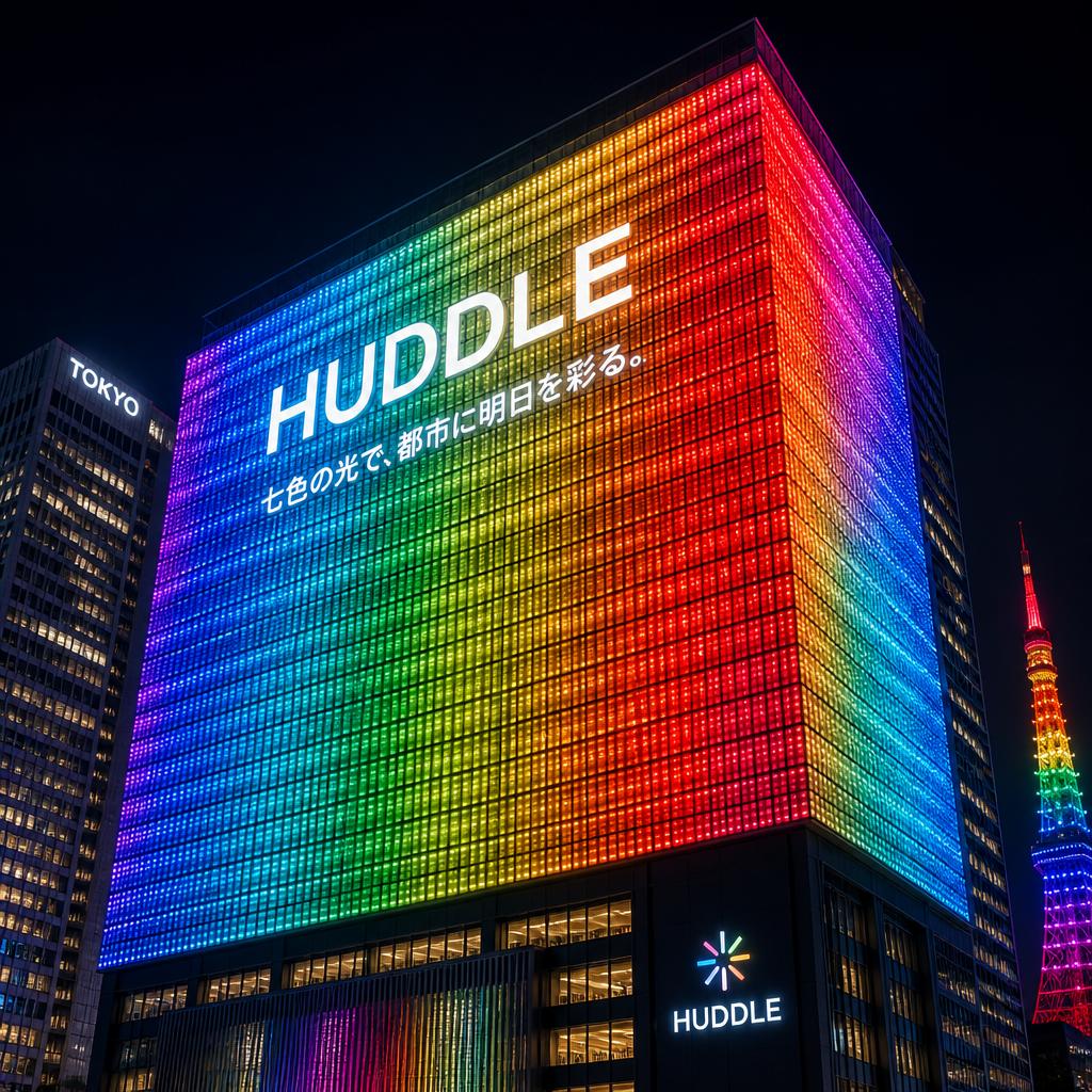 東京のビル外壁をLEDで彩る、HUDDLEの七色の光！