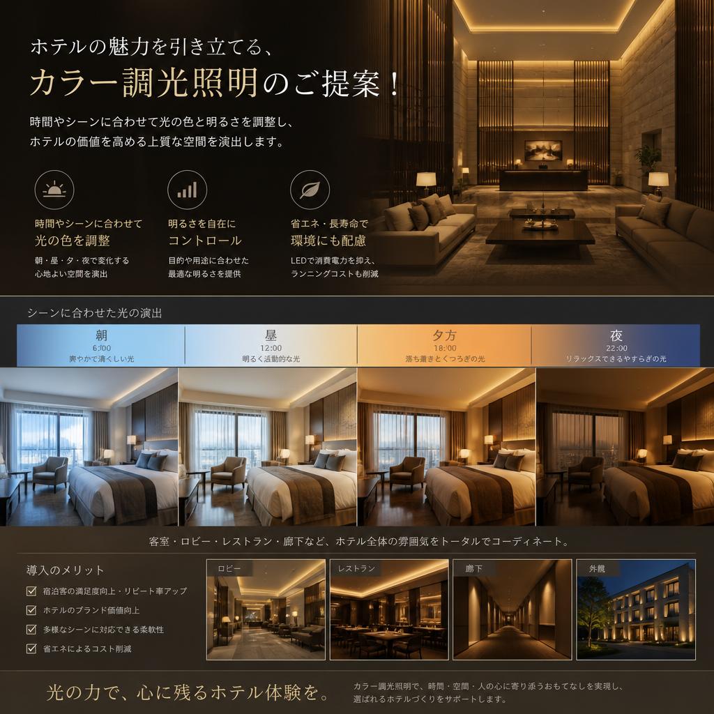 ホテルの魅力を引き立てる、カラー調光照明のご提案！