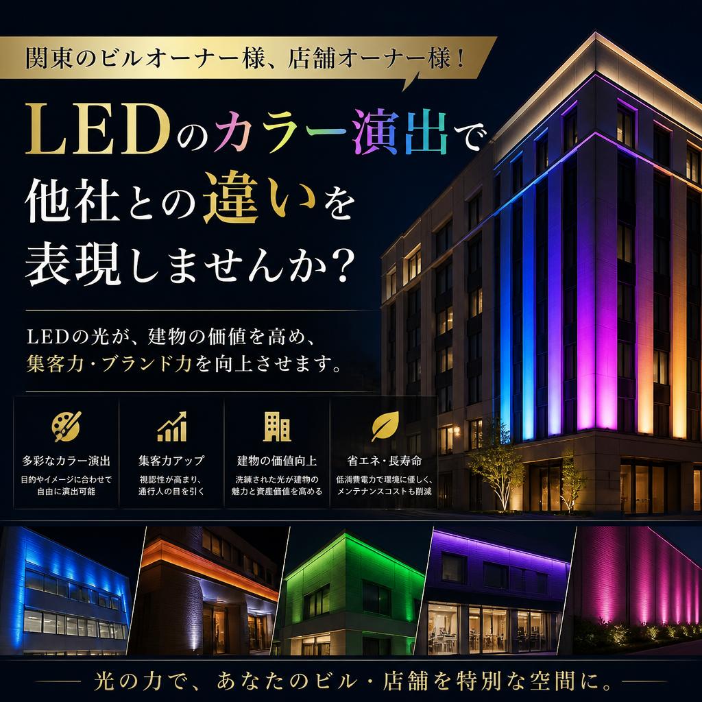 関東のビルオーナー様、店舗オーナー様！LEDのカラー演出で他社との違いを表現しませんか？